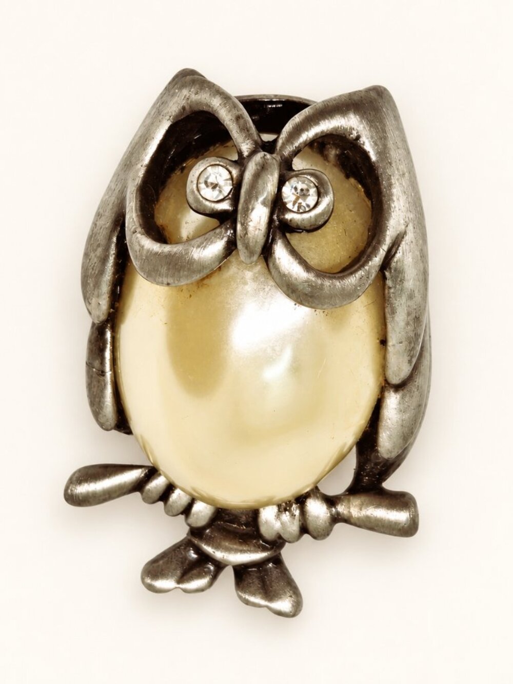 Silver Tone Owl Brooch with Faux Pearl Belly